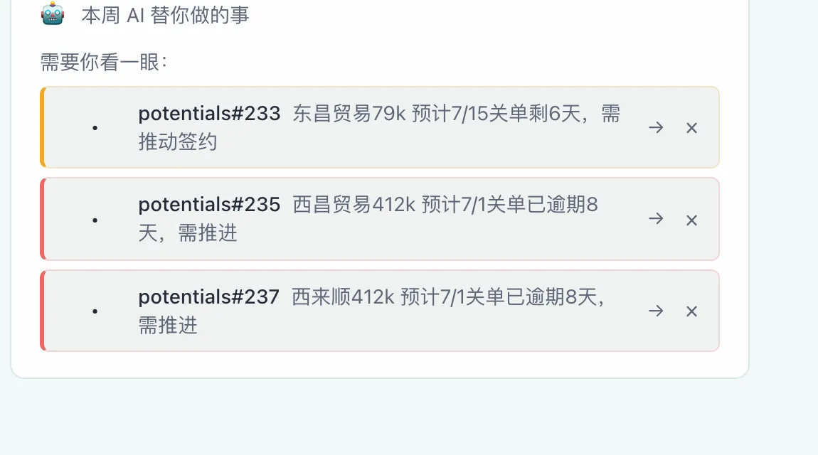 易客 Helix 对话入口:本周 AI 替你做的事卡片,逾期/临期商机自动挑出推到面前,点箭头直接进对应记录