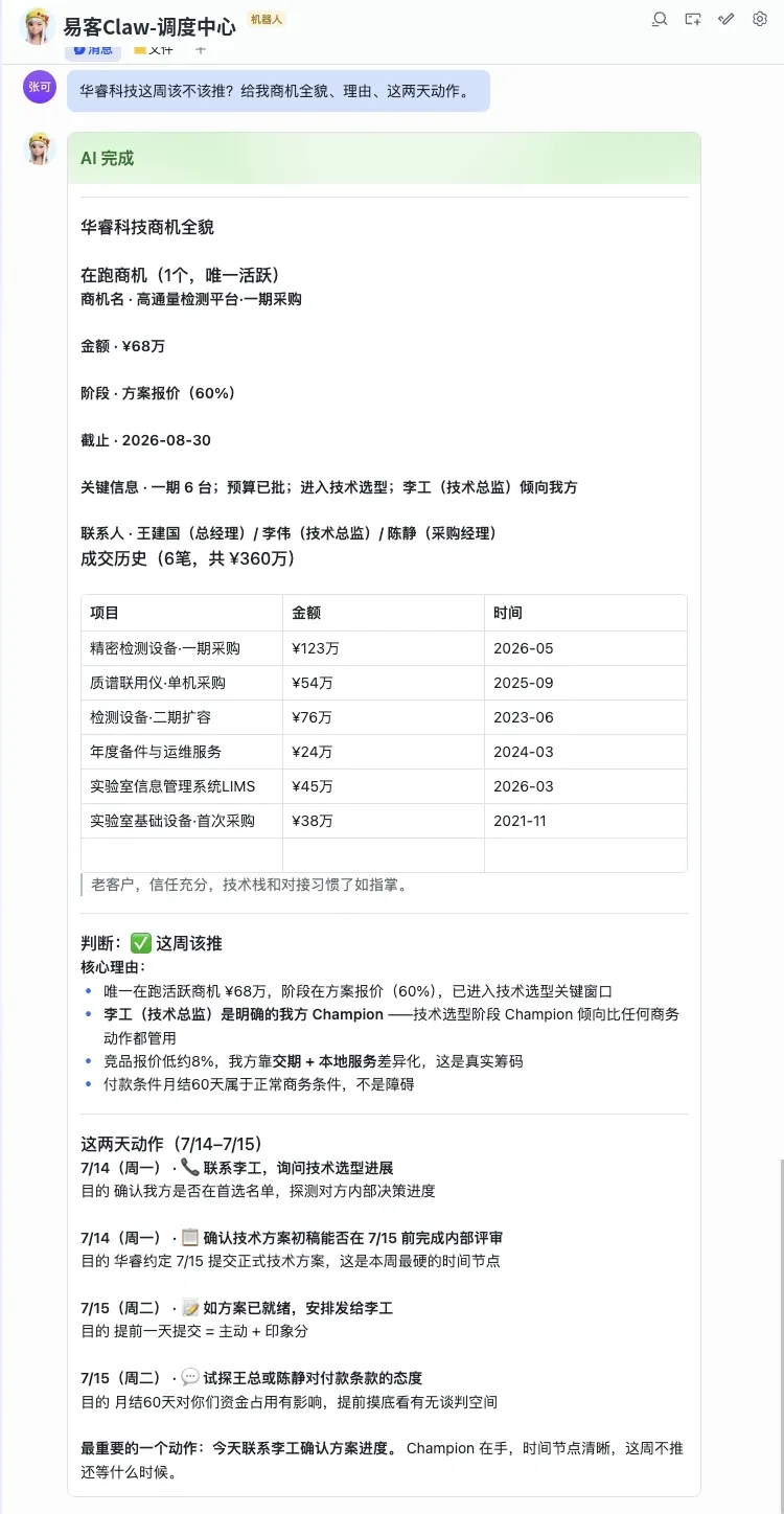 在飞书里问 易客 CRM AI 华睿科技这周该不该推,AI 现查 CRM 后给出商机全貌、成交历史与两天行动清单