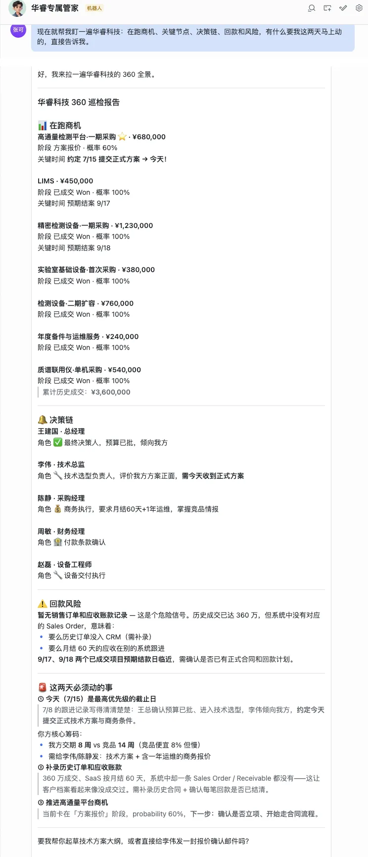 华睿科技专属 AI 管家在飞书里给出 360 巡检报告:在跑商机、决策链、回款风险与今明两天必做动作