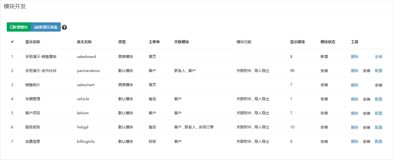模块开发页面概览,列表列出已创建的自定义模块及其状态与工具链接