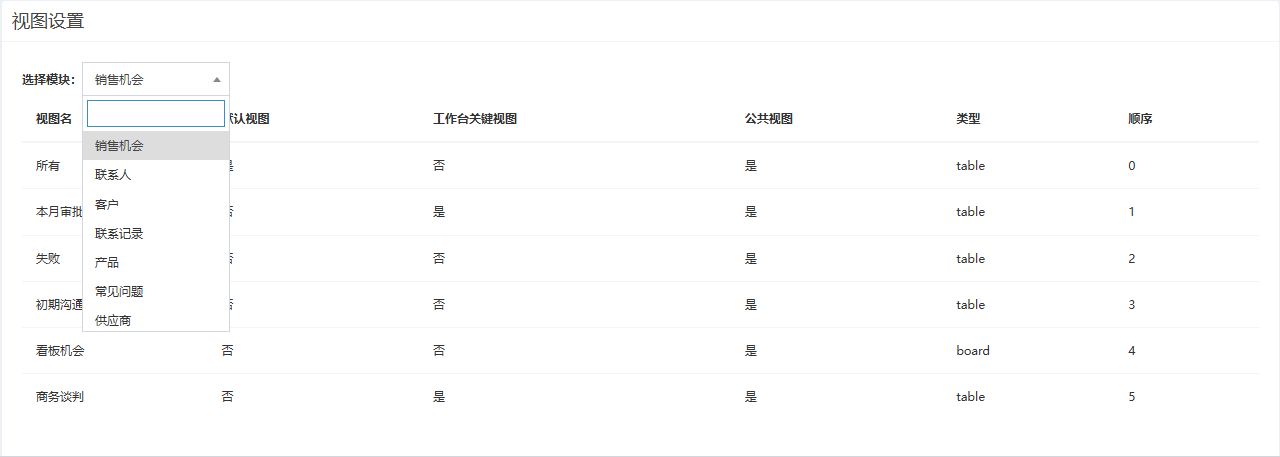 选择模块下拉展开,列出可选的业务模块