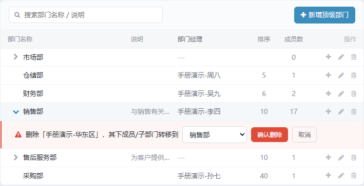 删除部门的行内确认条,需选择转移目标部门