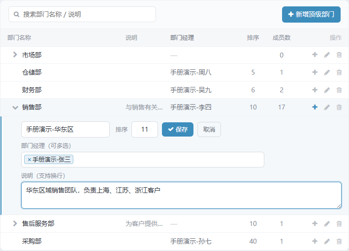 新增子部门的行内表单，已填入示例部门手册演示-华东区