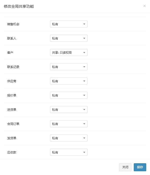 修改全局共享功能弹窗,客户模块已改为共享只读权限